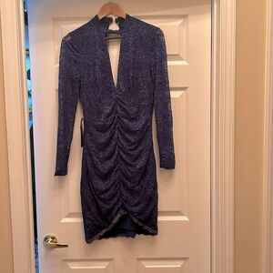 Bebe Women's Blue Asymmetrical Lace Dress Open Back NWT